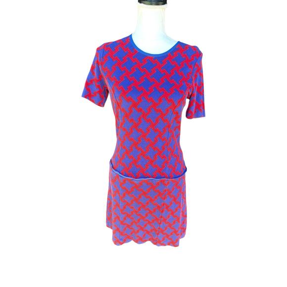 Anthropologie / Karen Walker Navy Red Houndstooth Drop Waist Mini Dress - 6 - Picture 2 of 8